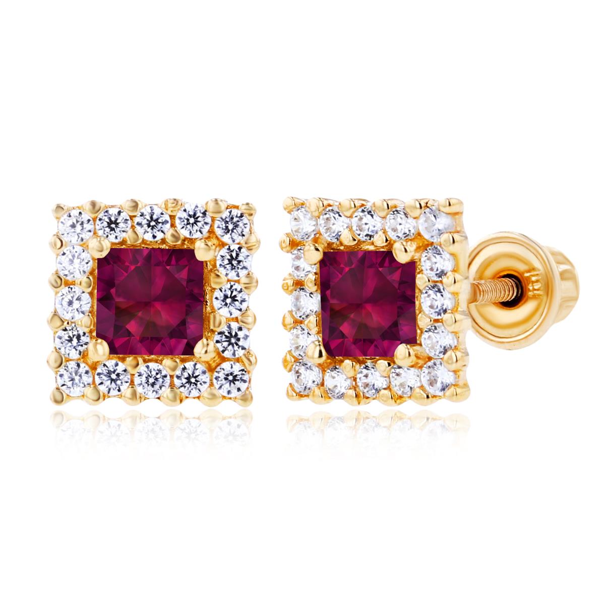 Sterling Silver Yellow 3mm Square Created Ruby & 1mm Created White Sapphire Square Screwback Earrings