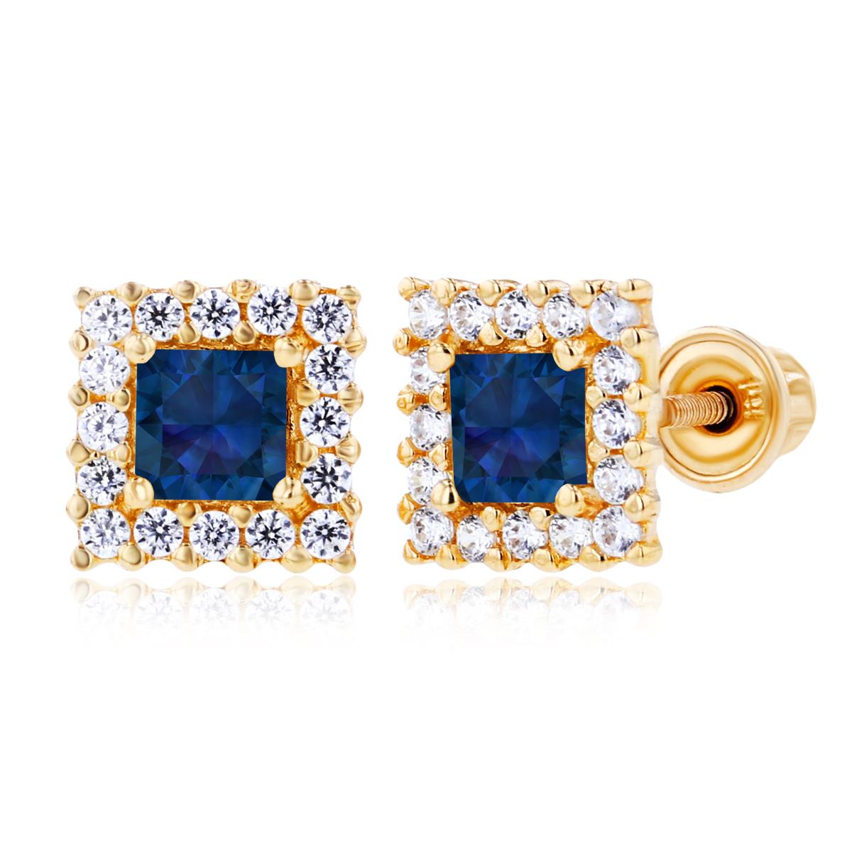 Sterling Silver Yellow 3mm Square Created Blue Sapphire & 1mm Created White Sapphire Square Screwback Earrings