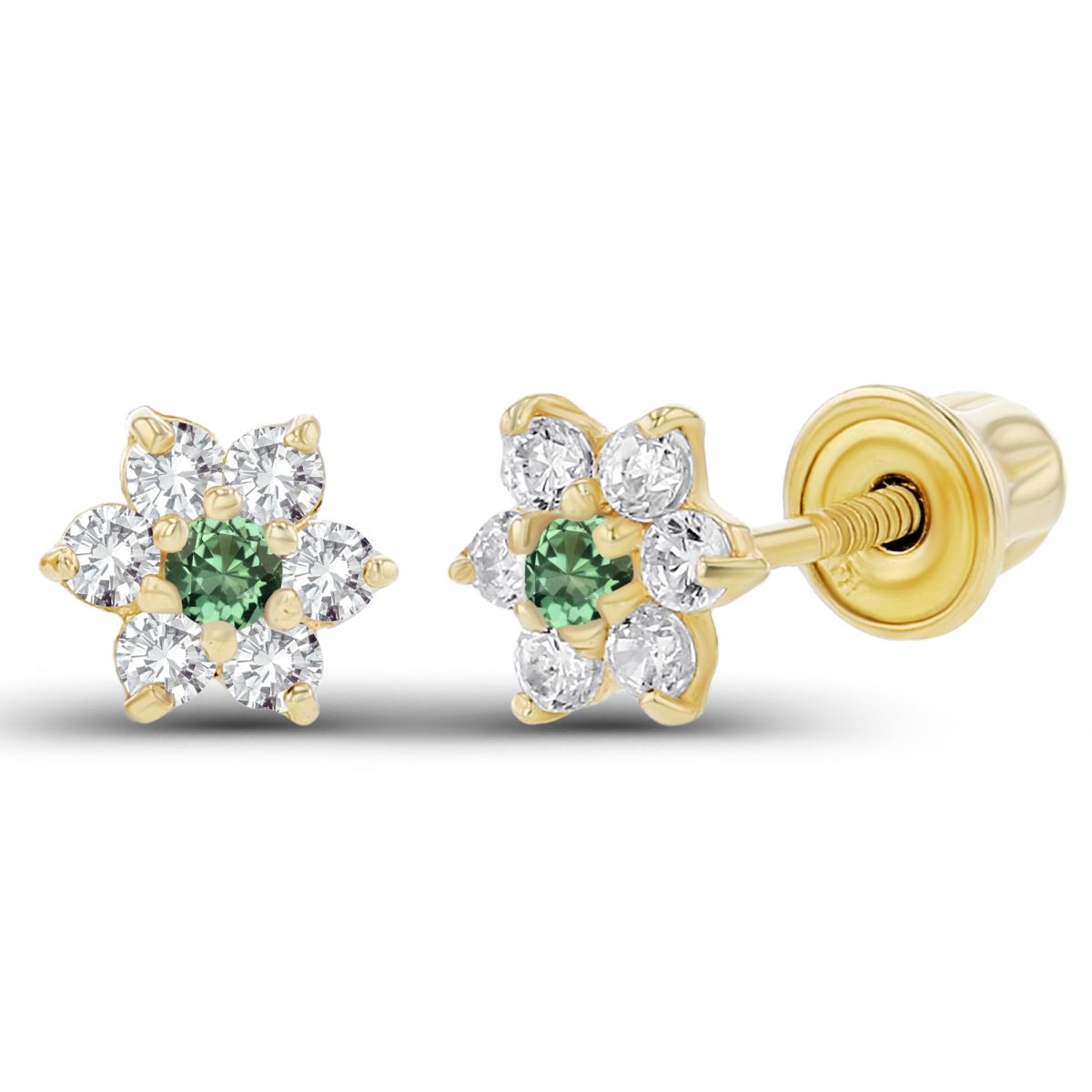 Sterling Silver Yellow 1.50mm Created Green Sapphire & 1.25mm Created White Sapphire Flower Screwback Earring