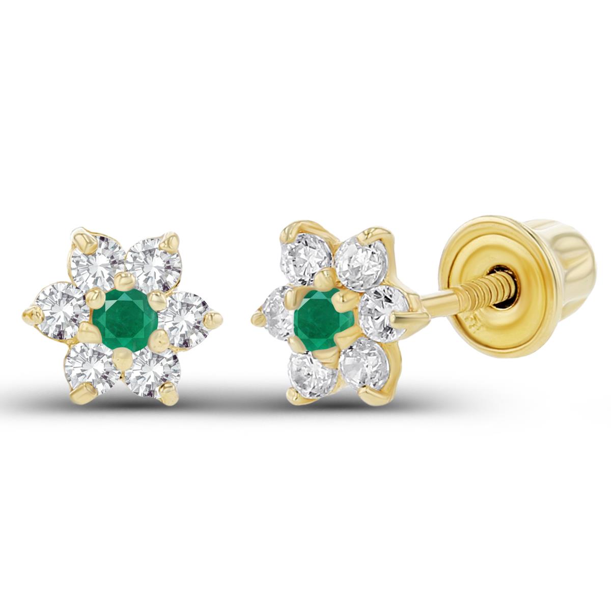 Sterling Silver Yellow 1.50mm Emerald & 1.25mm Created White Sapphire Flower Screwback Earring