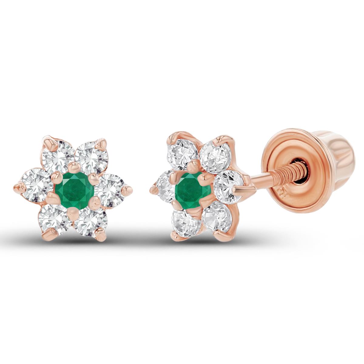 Sterling Silver Rose 1.50mm Emerald & 1.25mm Created White Sapphire Flower Screwback Earring