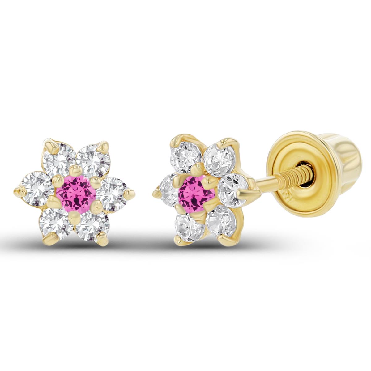 Sterling Silver Yellow 1.50mm Created Pink Sapphire & 1.25mm Created White Sapphire Flower Screwback Earring
