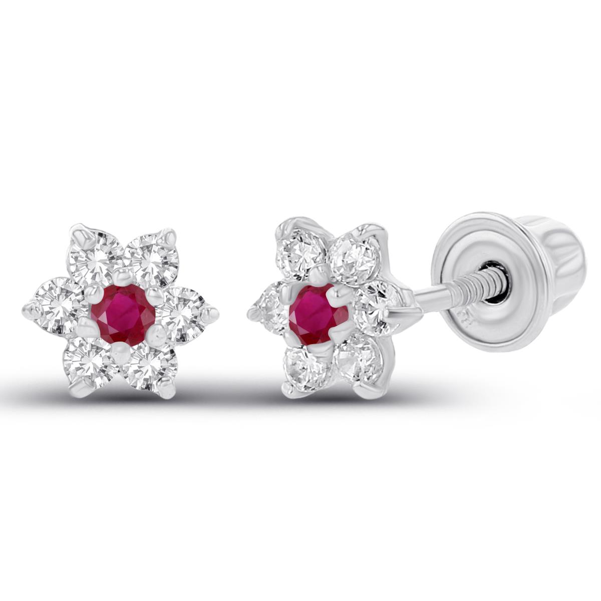 Sterling Silver Rhodium 1.50mm Ruby & 1.25mm Created White Sapphire Flower Screwback Earring