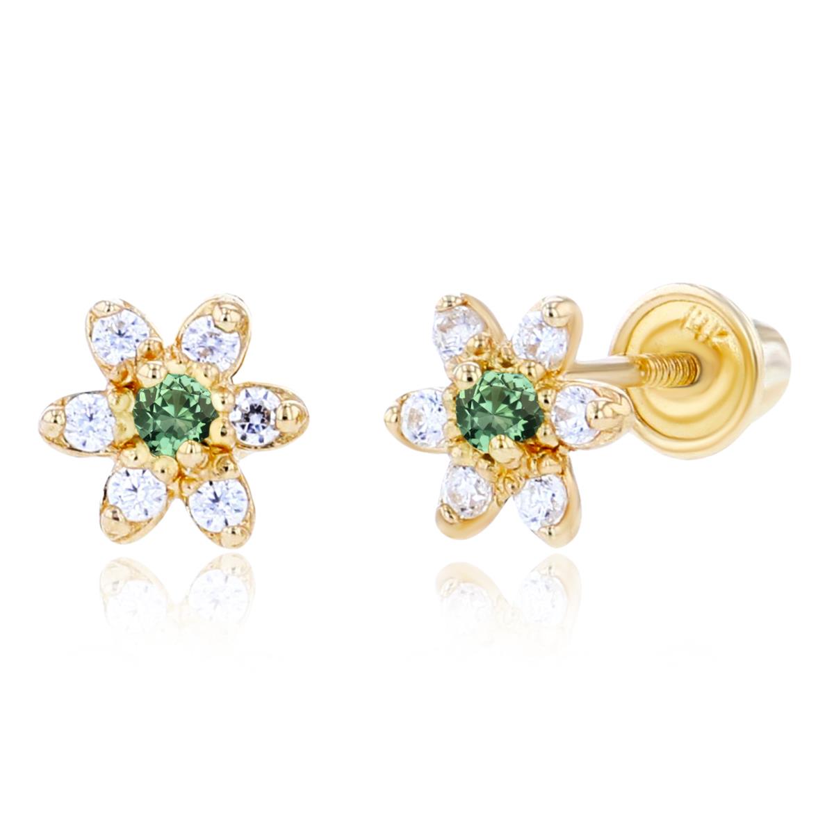 Sterling Silver Yellow 1.50mm Created Green Sapphire & 1mm Created White Sapphire Flower Screwback Earring