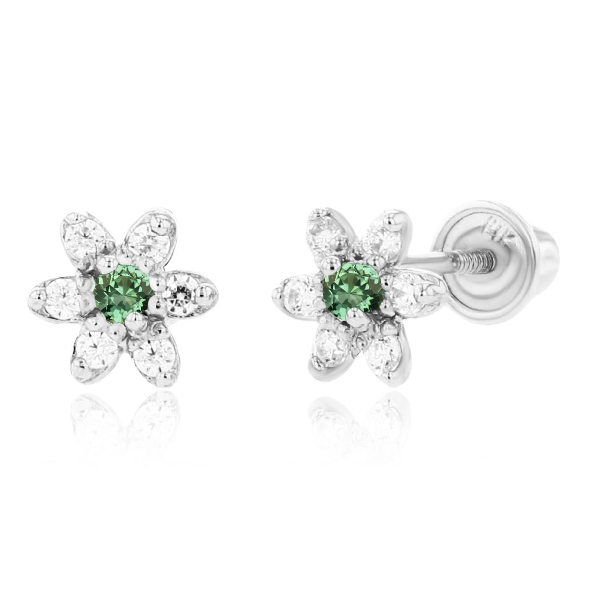 Sterling Silver Rhodium 1.50mm Created Green Sapphire & 1mm Created White Sapphire Flower Screwback Earring