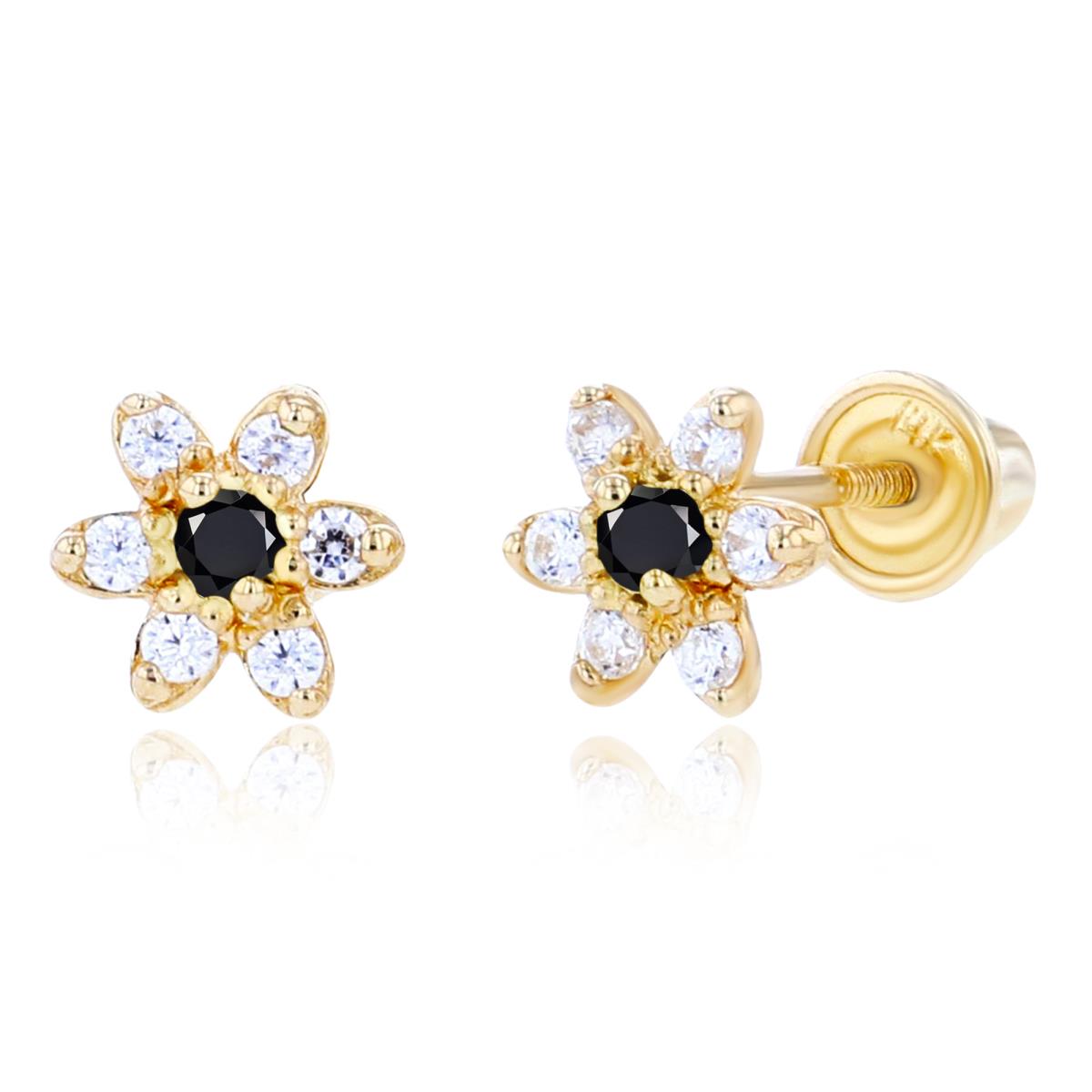 Sterling Silver Yellow 1.50mm Onyx & 1mm Created White Sapphire Flower Screwback Earring