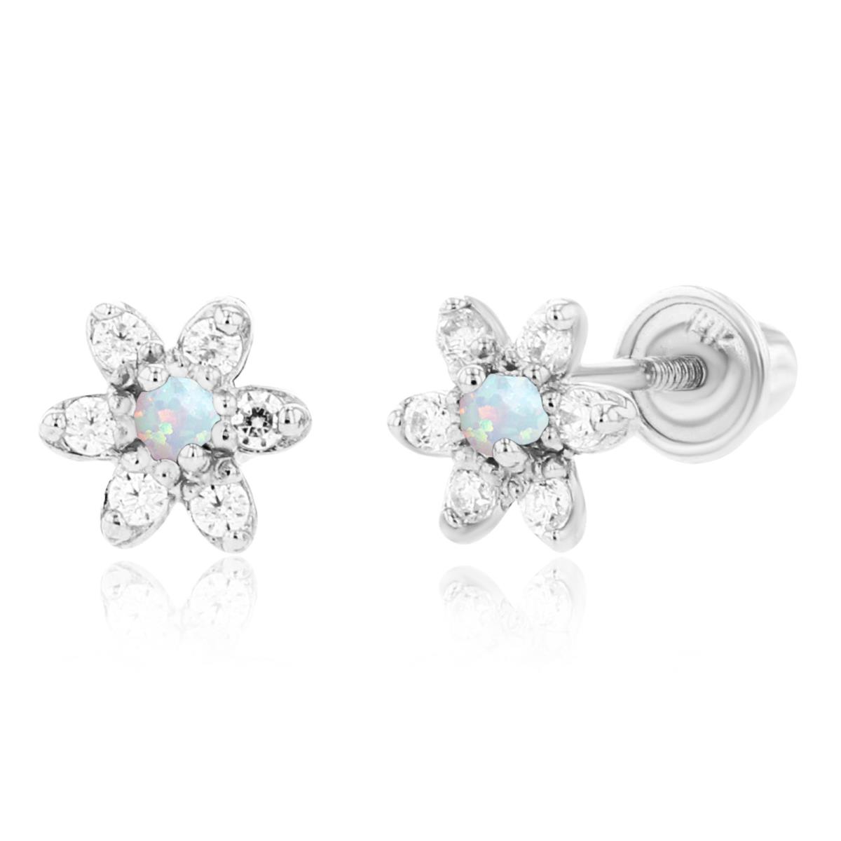 Sterling Silver Rhodium 1.50mm Created Opal & 1mm Created White Sapphire Flower Screwback Earring
