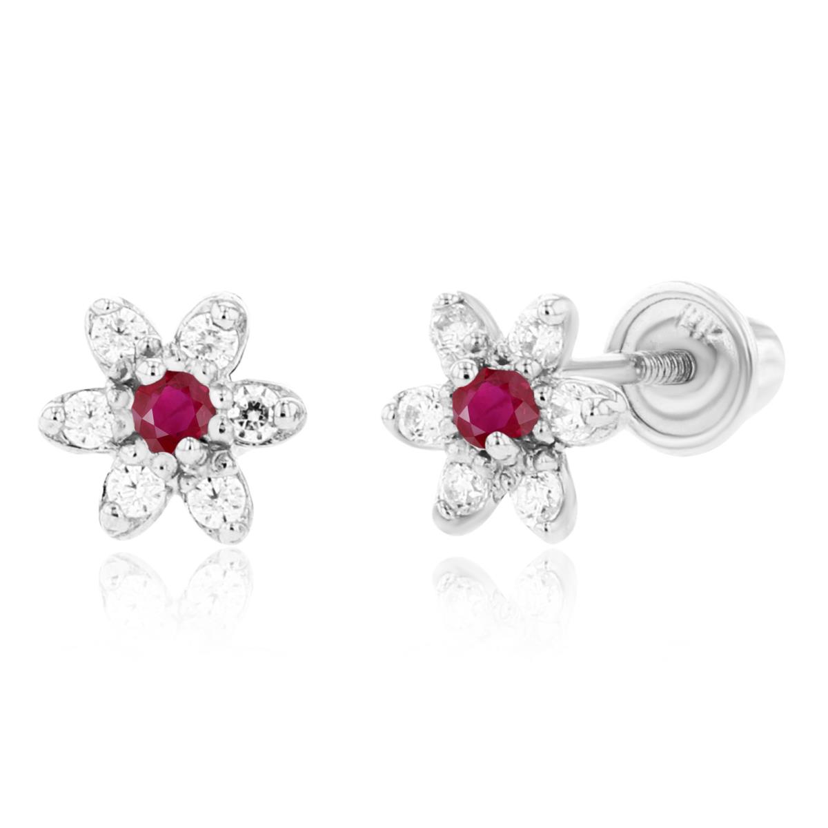 Sterling Silver Rhodium 1.50mm Ruby & 1mm Created White Sapphire Flower Screwback Earring