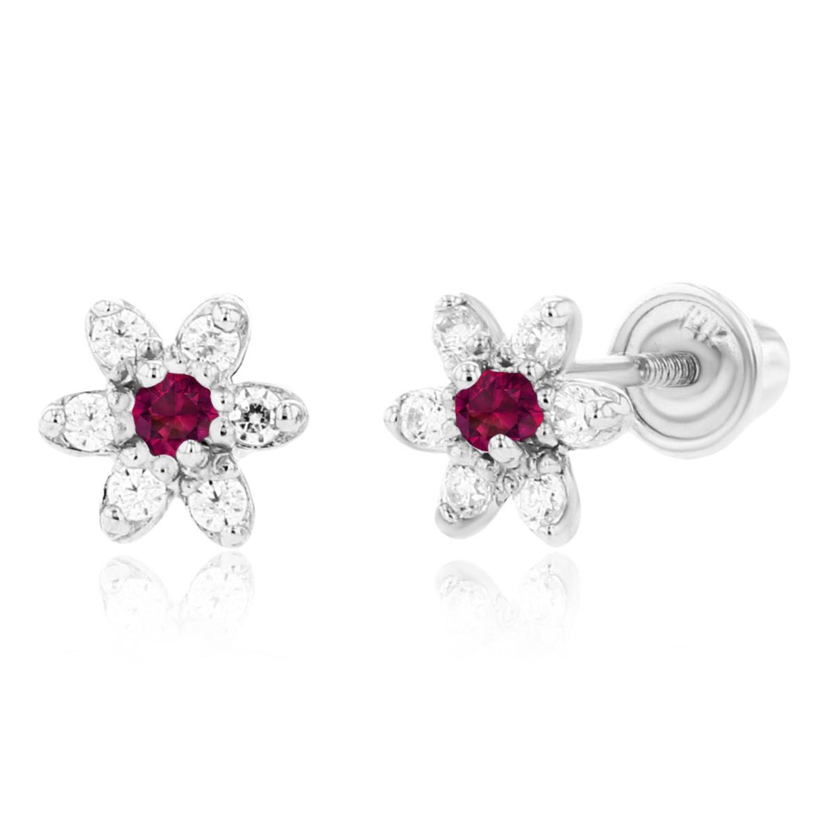 Sterling Silver Rhodium 1.50mm Created Ruby & 1mm Created White Sapphire Flower Screwback Earring