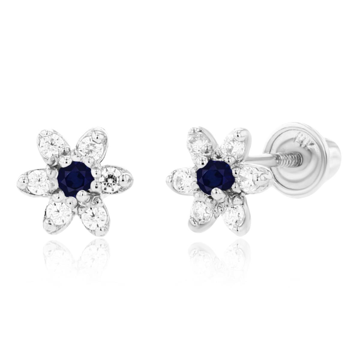 Sterling Silver Rhodium 1.50mm Sapphire & 1mm Created White Sapphire Flower Screwback Earring