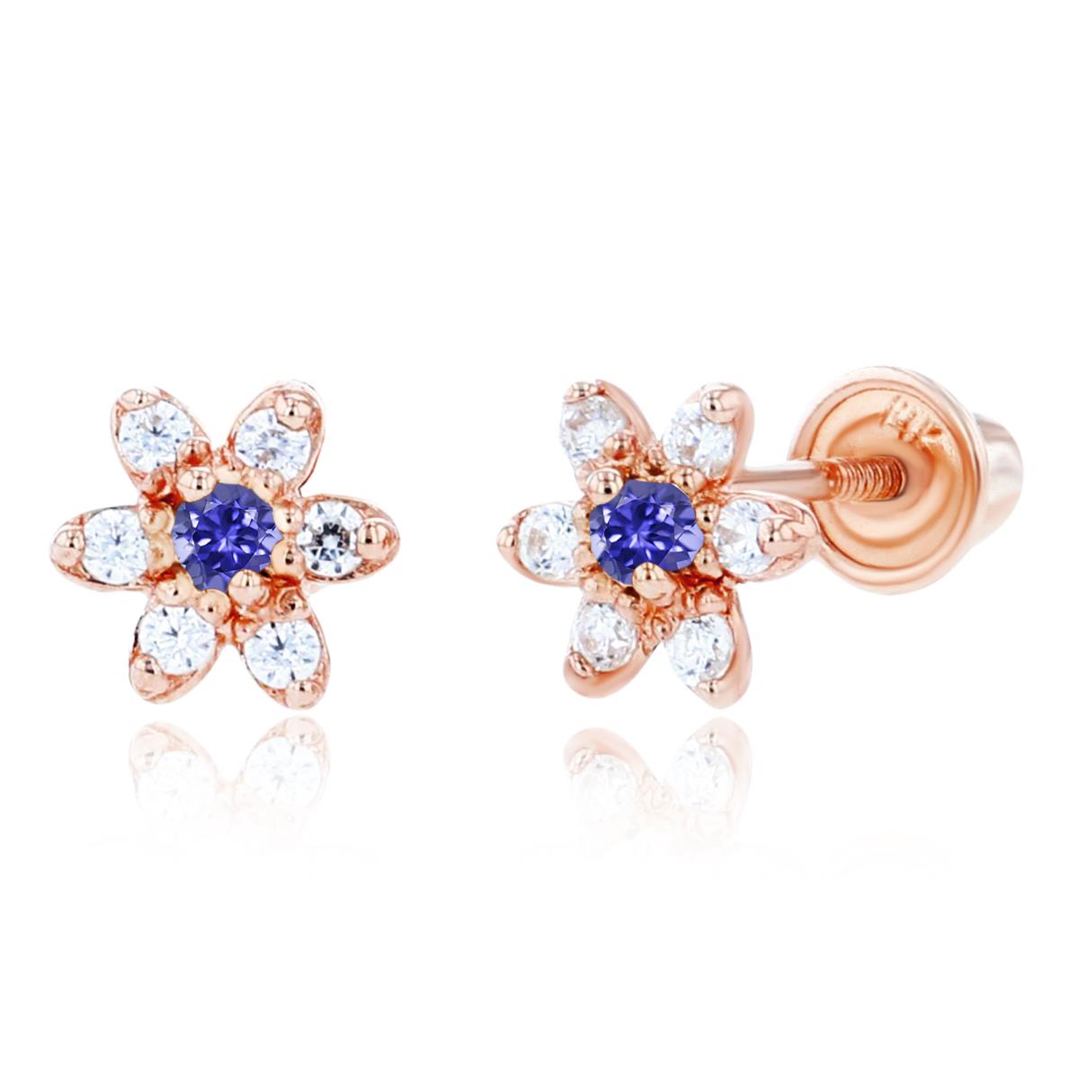 Sterling Silver Rose 1.50mm Tanzanite & 1mm Created White Sapphire Flower Screwback Earring