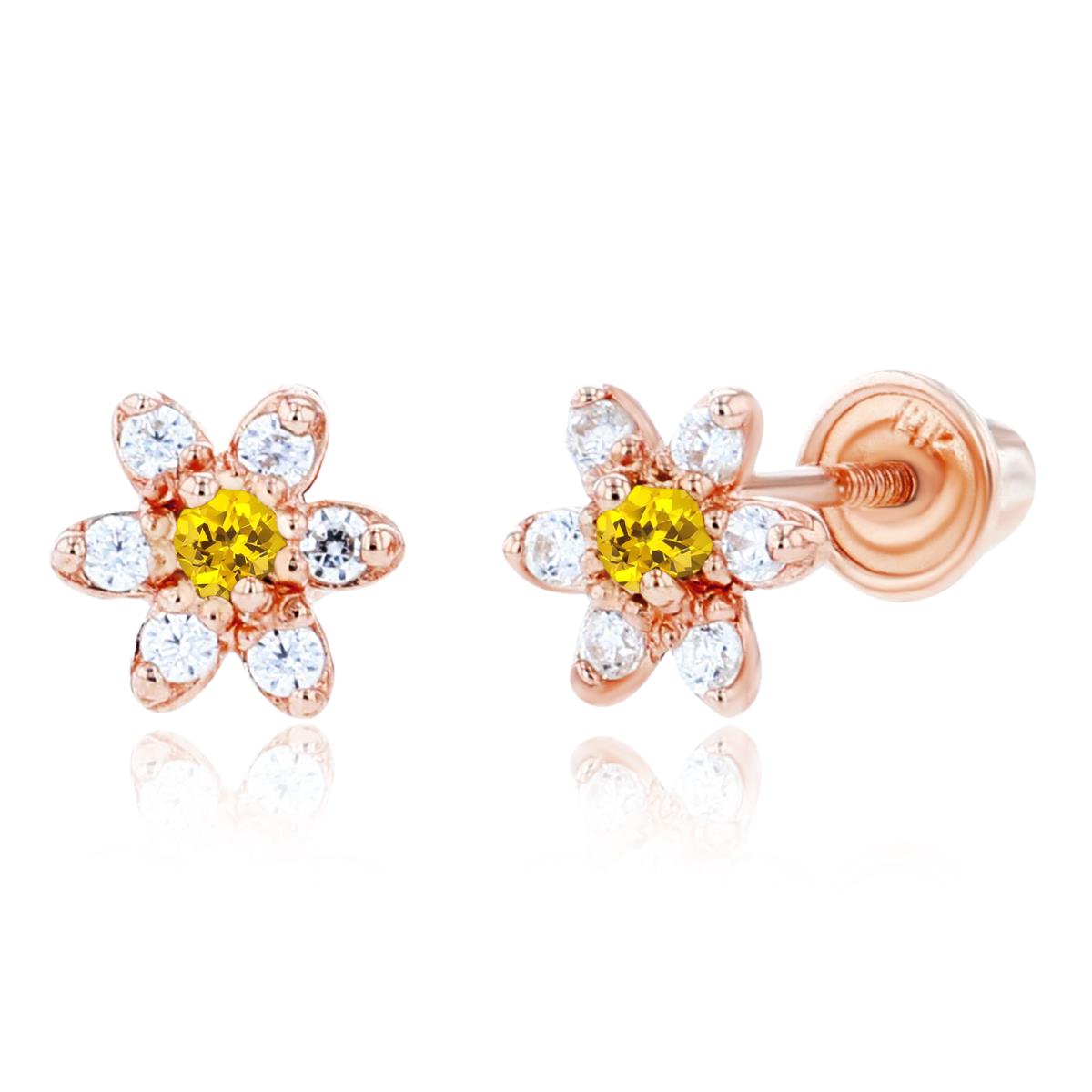 Sterling Silver Rose 1.50mm Created Yellow Sapphire & 1mm Created White Sapphire Flower Screwback Earring