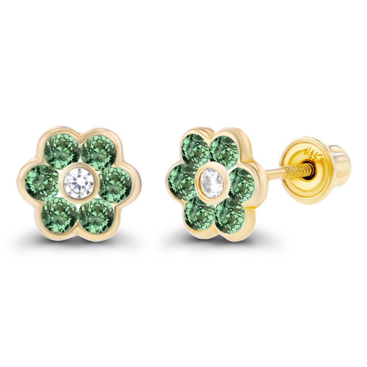 Sterling Silver Yellow 1.50mm Created White Sapphire & 1.75mm Created Green Sapphire Bezel Flower Screwback Earring