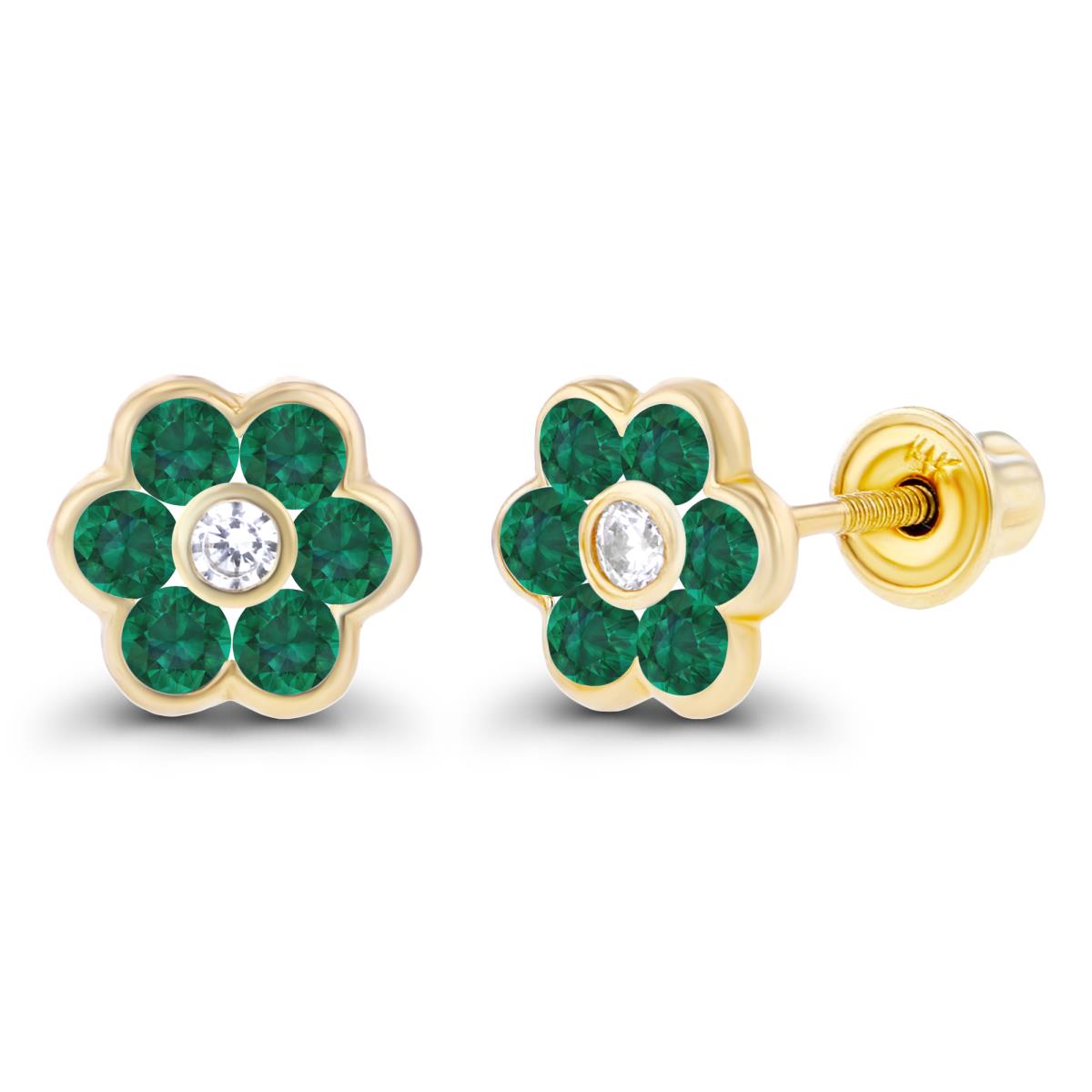 Sterling Silver Yellow 1.50mm Created White Sapphire & 1.75mm Created Emerald Bezel Flower Screwback Earring