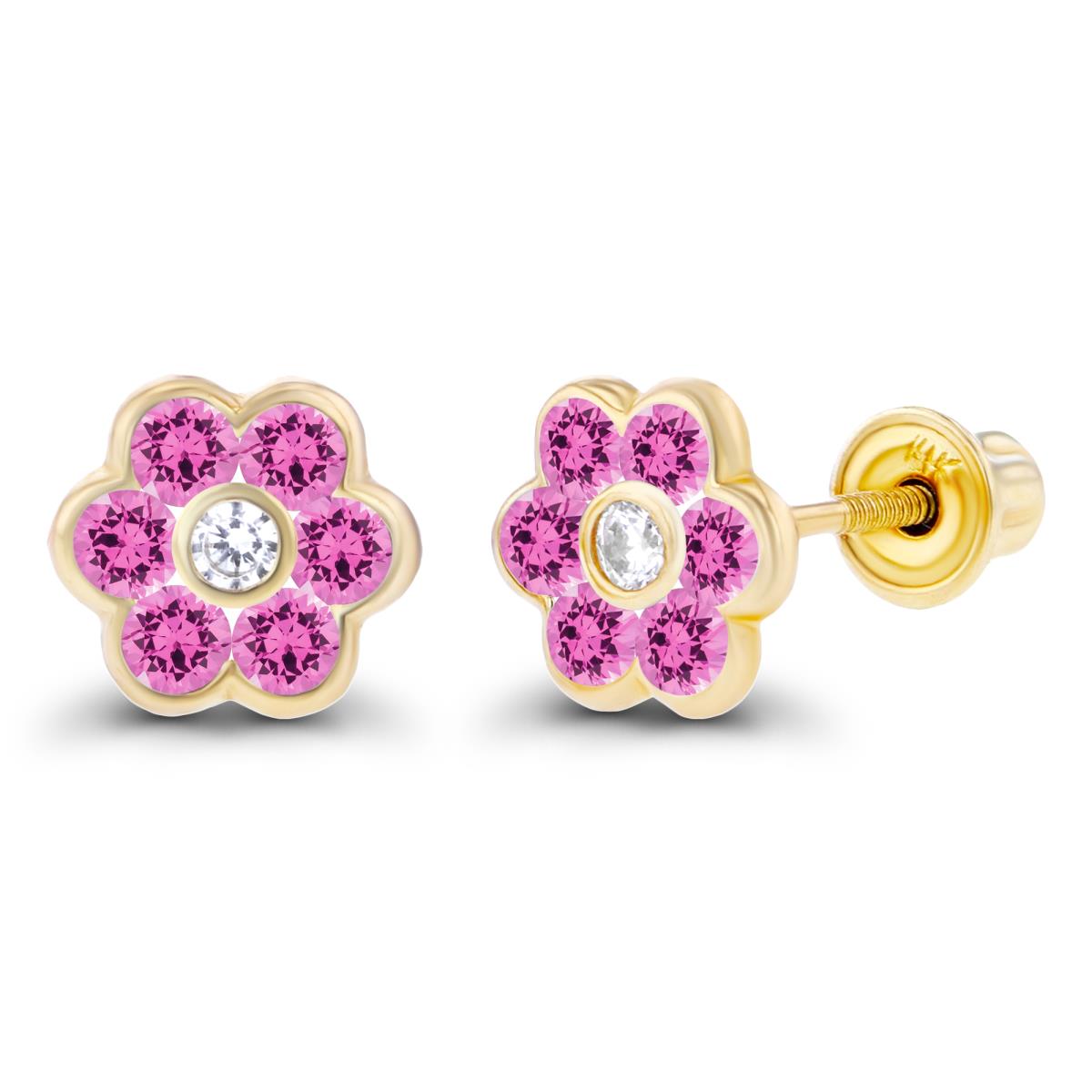 Sterling Silver Yellow 1.50mm Created White Sapphire & 1.75mm Created Pink Sapphire Bezel Flower Screwback Earring