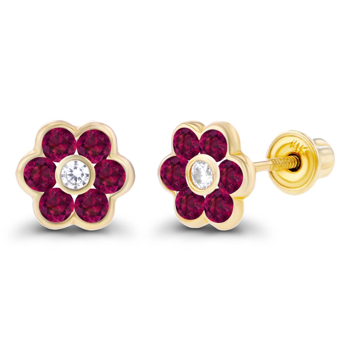 Sterling Silver Yellow 1.50mm Created White Sapphire & 1.75mm Created Ruby Bezel Flower Screwback Earring