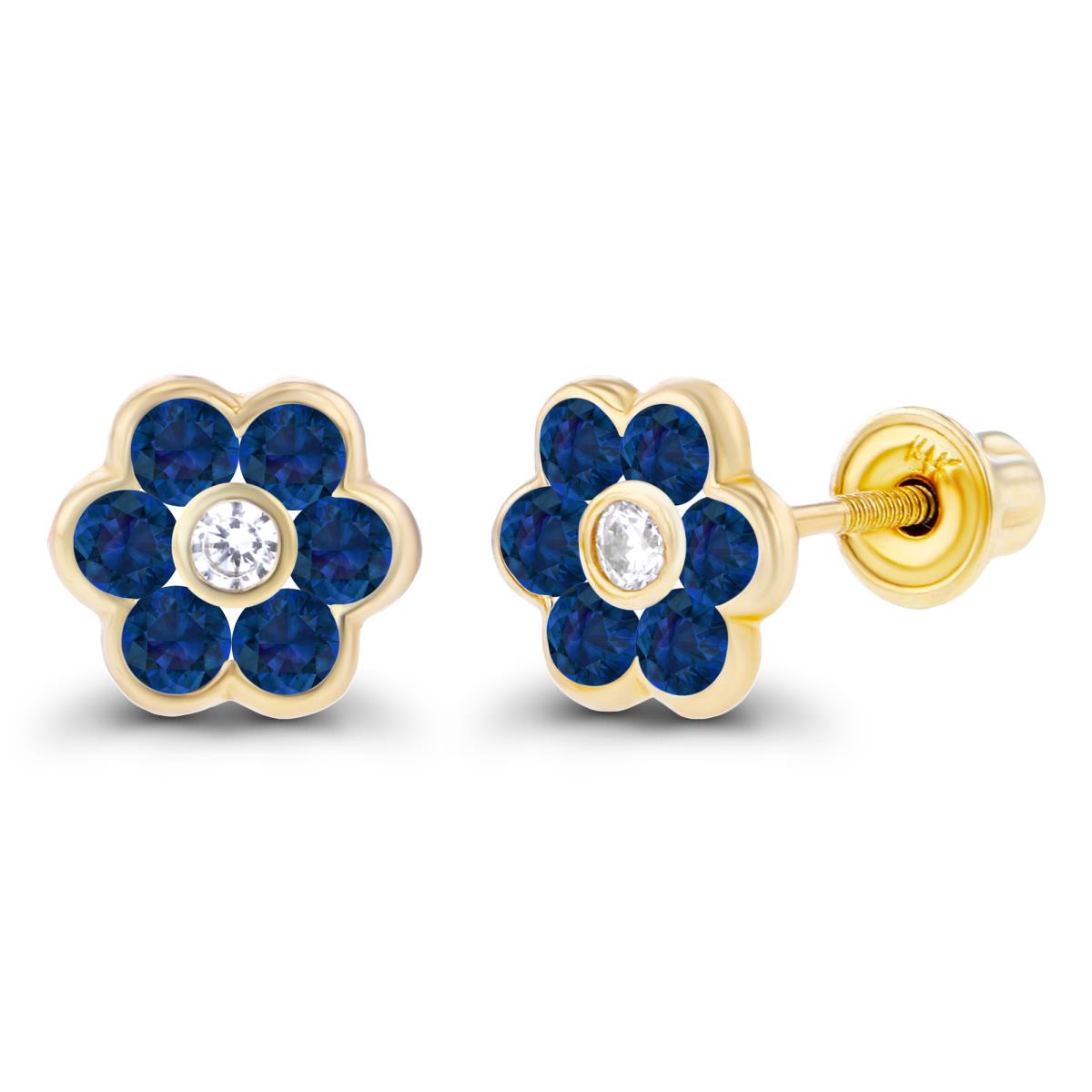 Sterling Silver Yellow 1.50mm Created White Sapphire & 1.75mm Created Blue Sapphire Bezel Flower Screwback Earring