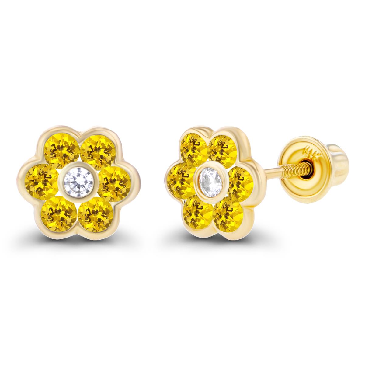 Sterling Silver Yellow 1.50mm Created White Sapphire & 1.75mm Created Yellow Sapphire Bezel Flower Screwback Earring