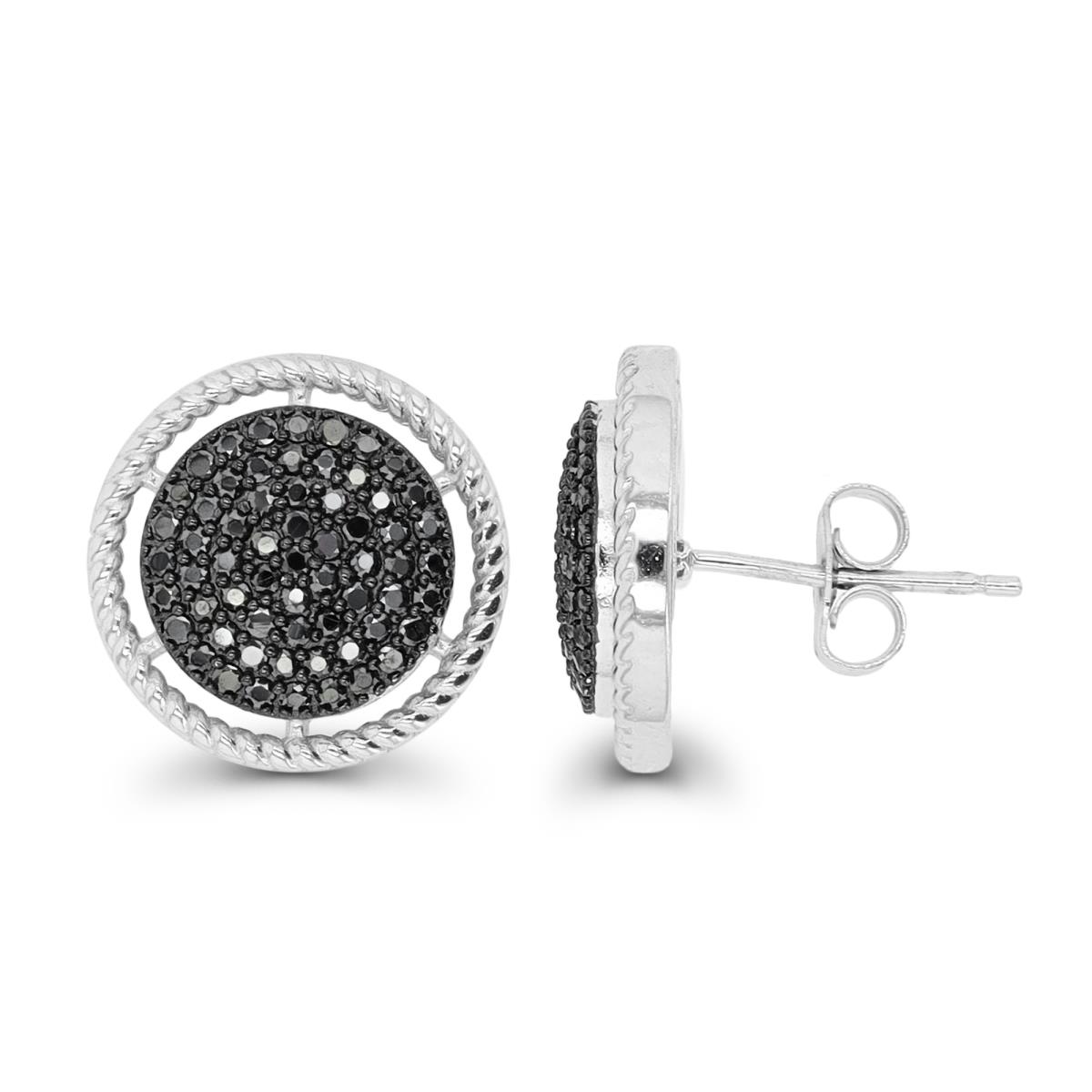 Sterling Silver Rhodium & Black Round Black Spinel Pave Halo Stud Earring