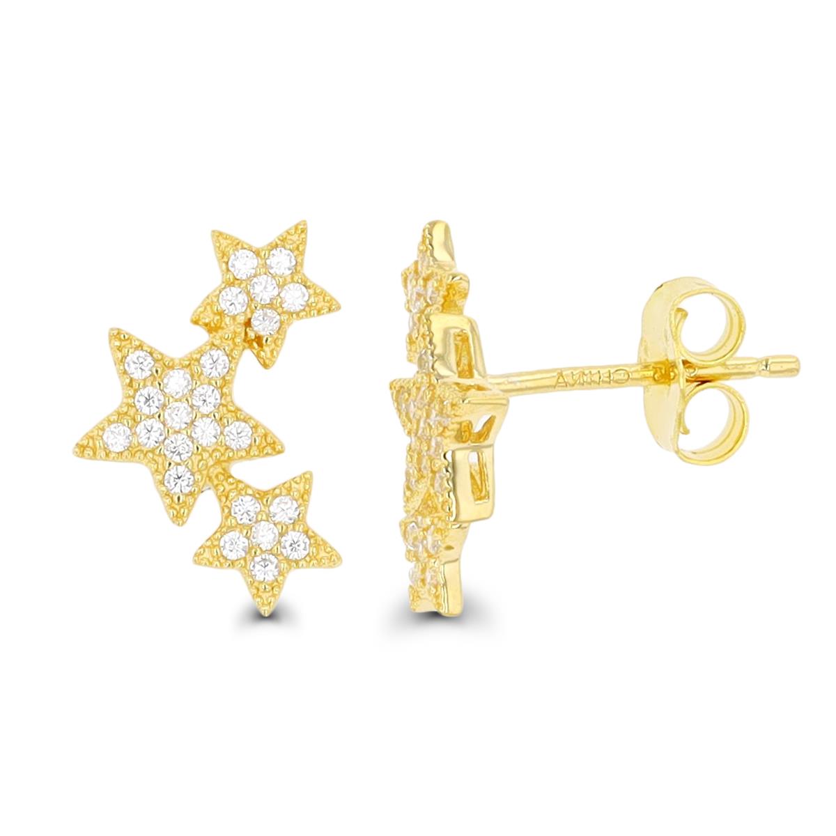 Sterling Silver Yellow 1-Micron Triple Star Stud Earring