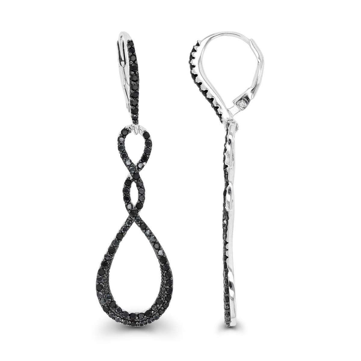 Sterling Silver Rhodium & Black Paved Twist Black Spinel Leverback Dangling Earring