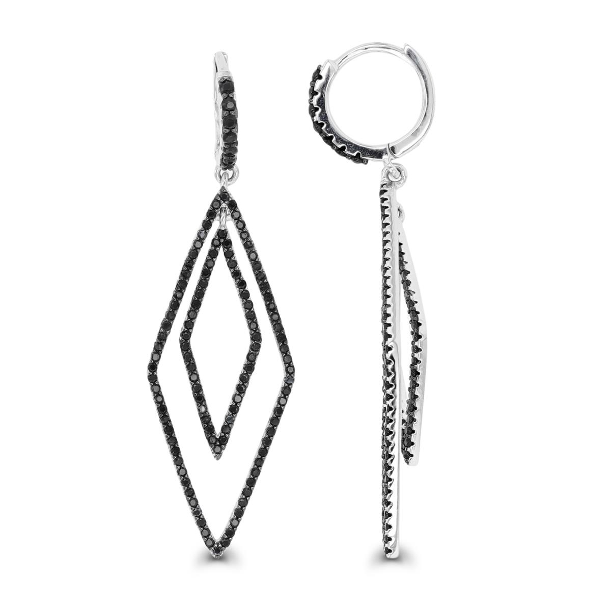 Sterling Silver Rhodium & Black Open Rhombus Black Spinel Dangling Huggie Earring