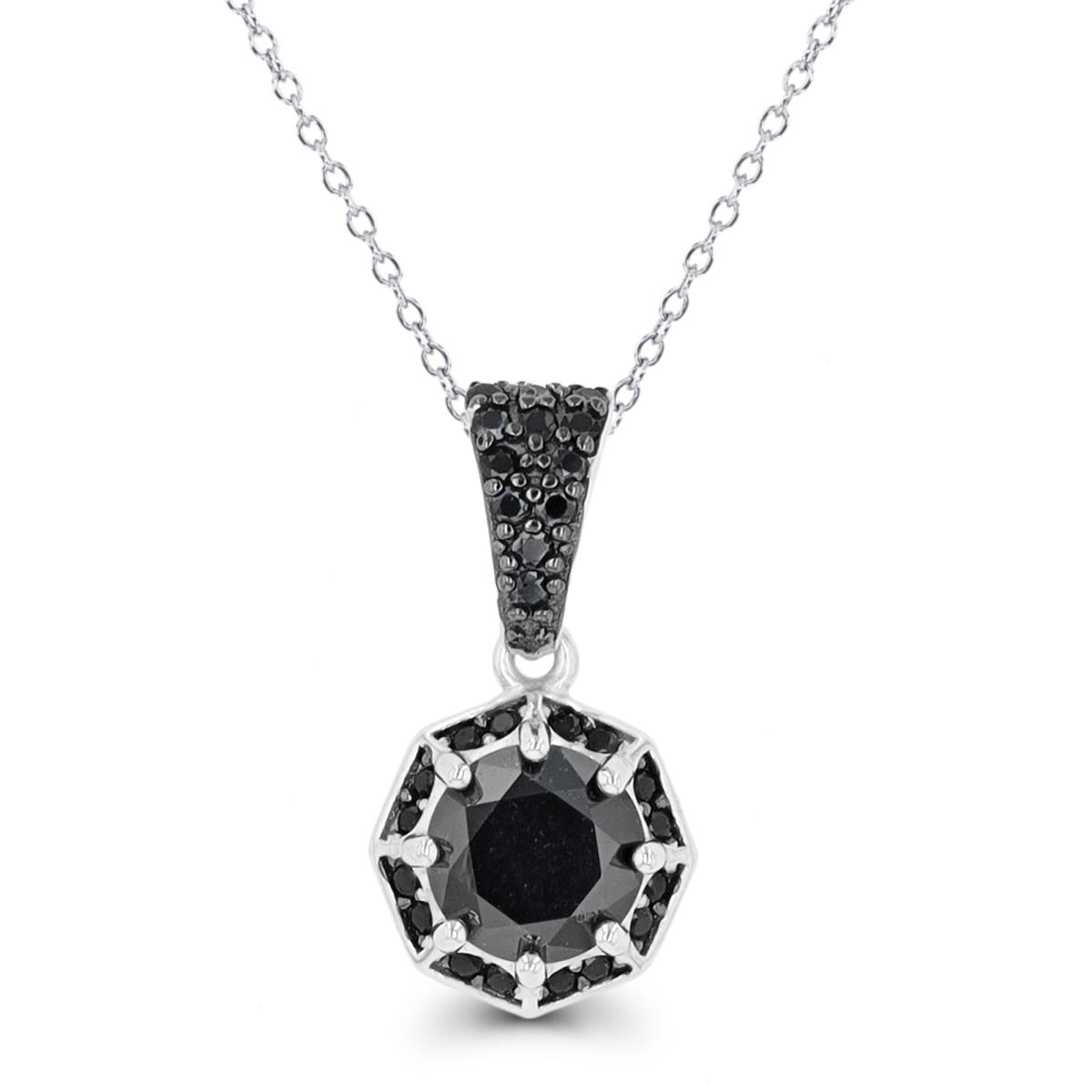 Sterling Silver Rhodium & Black 6mm RD Black Spinel Octagon Halo 18" Necklace