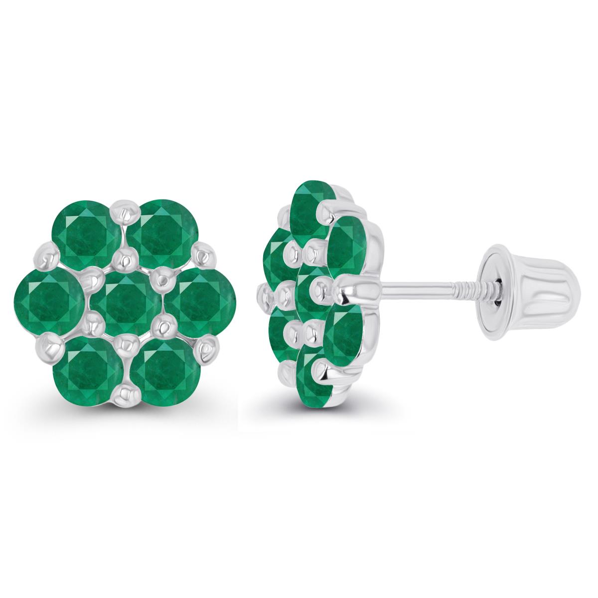 Sterling Silver Rhodium 2.5mm Round Emerald Flower Screwback Earring