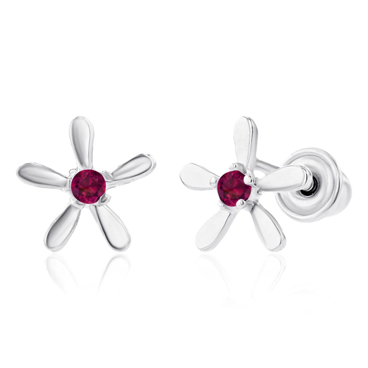Sterling Silver Rhodium 1.50mm Round Created Ruby Starfish Screwback Earring