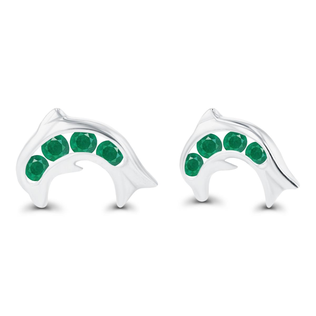 Sterling Silver Rhodium 1.5mm Round Emerald Dolphin Screwback Earrings