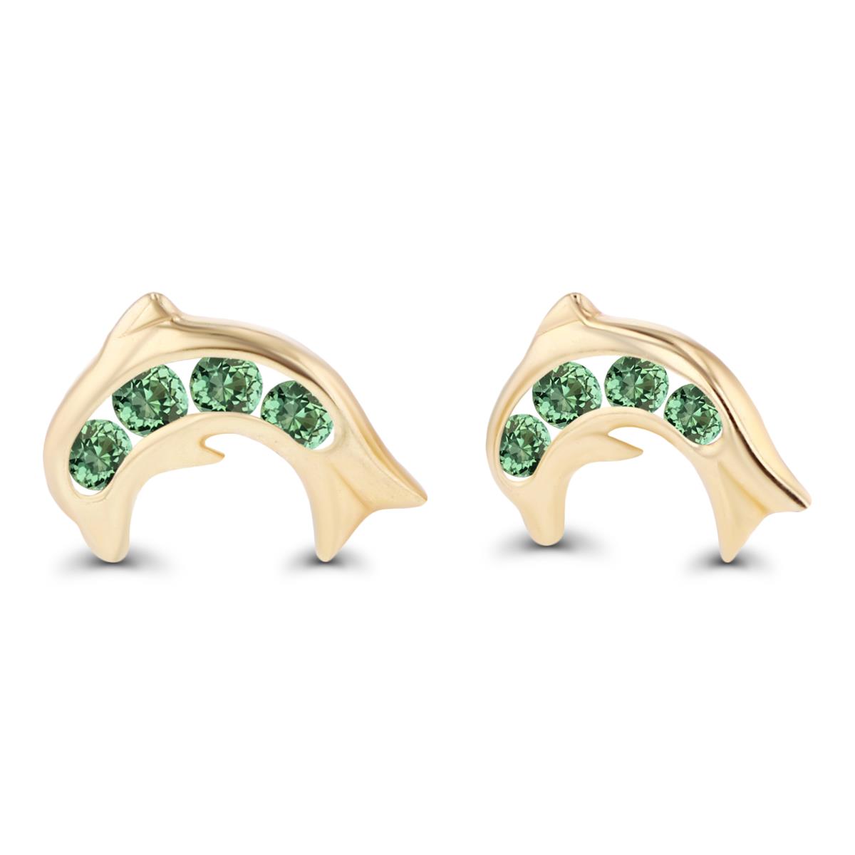 Sterling Silver Yellow 1.5mm Round Created Green Sapphire Dolphin Screwback Earrings
