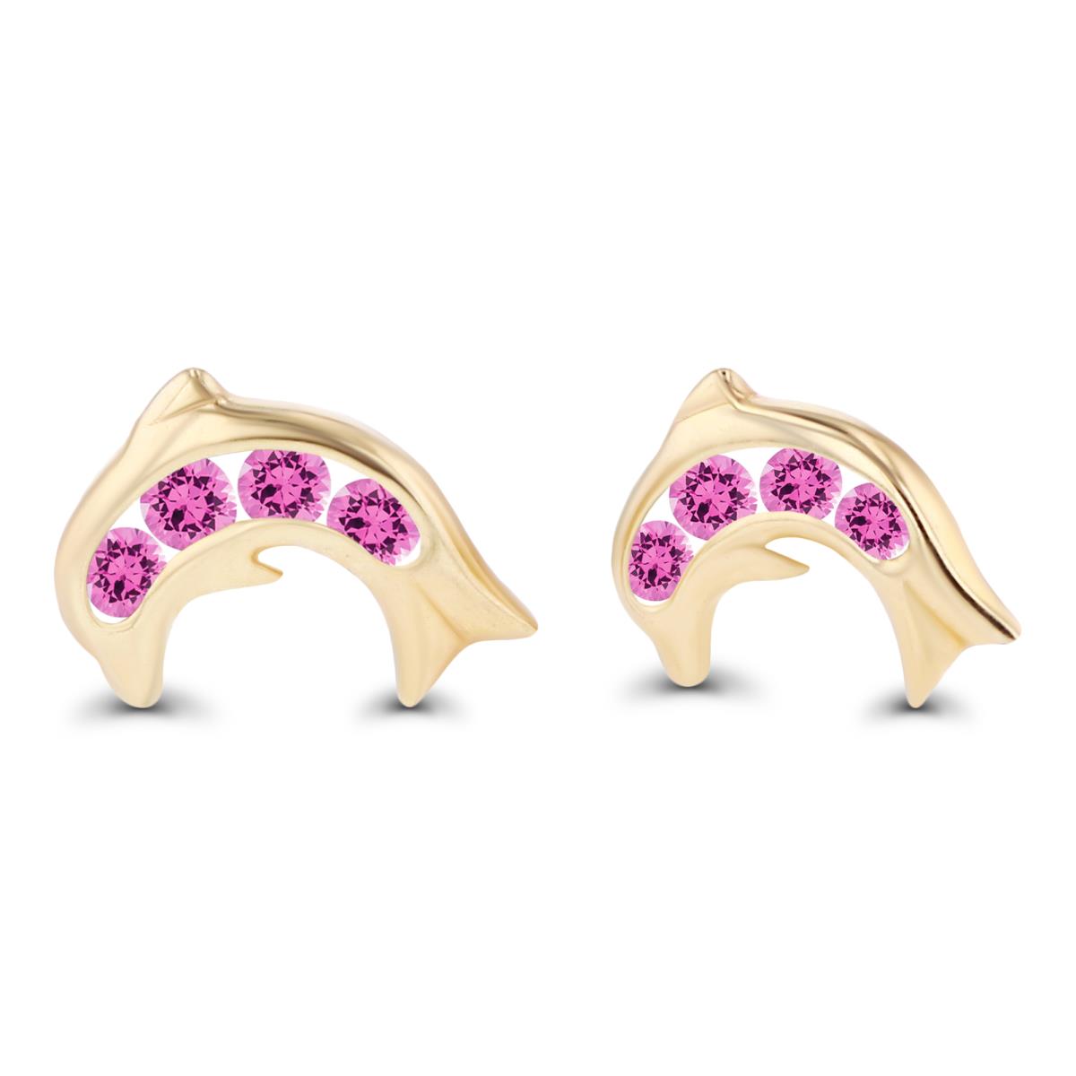 Sterling Silver Yellow 1.5mm Round Created Pink Sapphire Dolphin Screwback Earrings