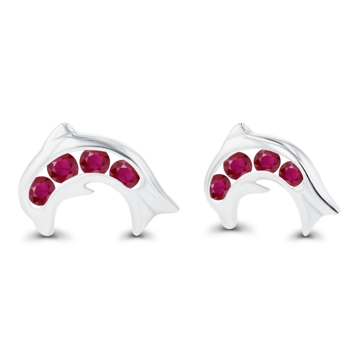 Sterling Silver Rhodium 1.5mm Round Ruby Dolphin Screwback Earrings