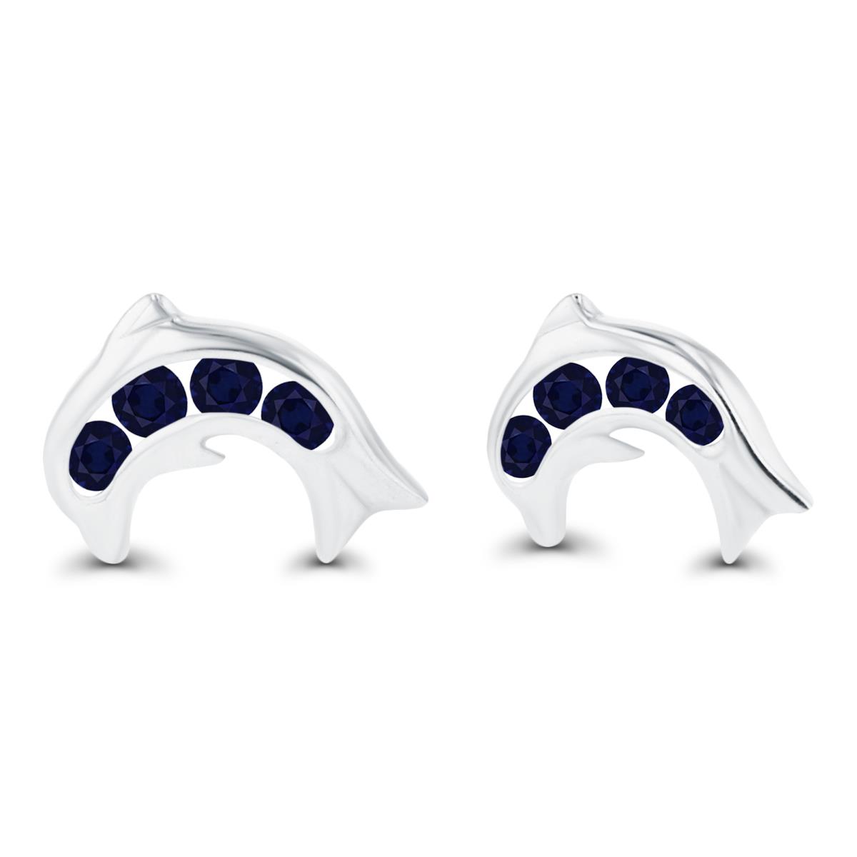 Sterling Silver Rhodium 1.5mm Round Sapphire Dolphin Screwback Earrings