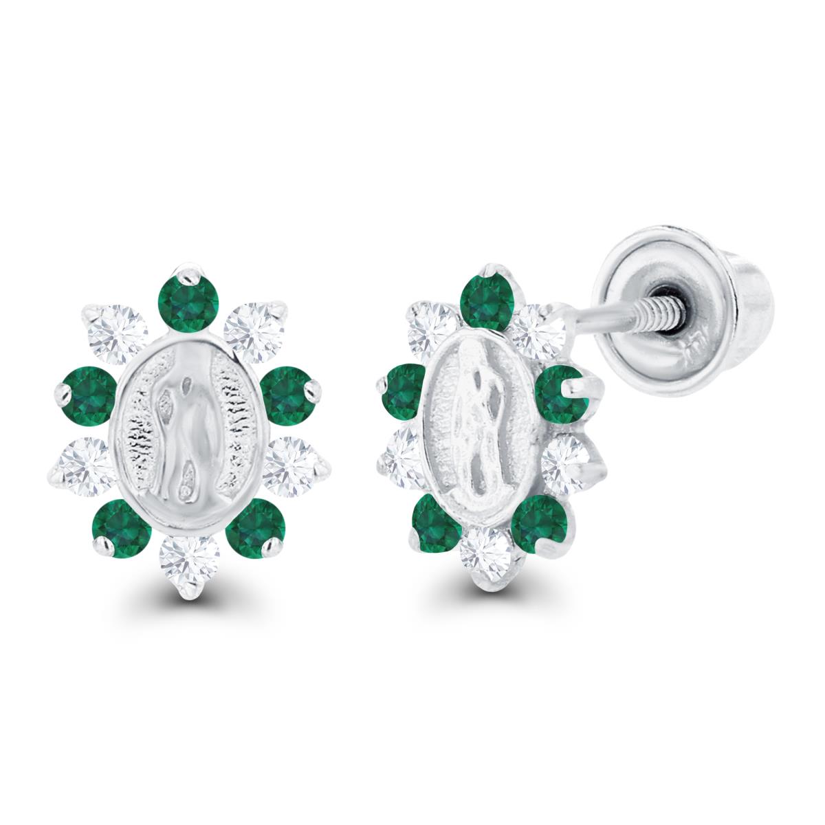 Sterling Silver Rhodium 1mm Round Created Emerald & Created White Sapphire Religious Screwback Earrings