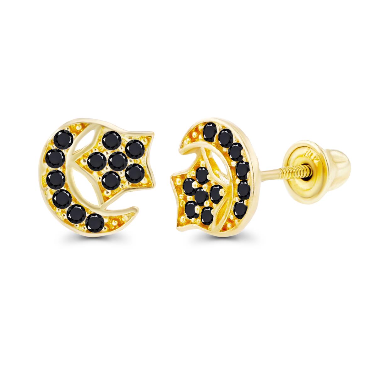 Sterling Silver Yellow 1mm Round Onyx Moon & Star Screwback Earrings