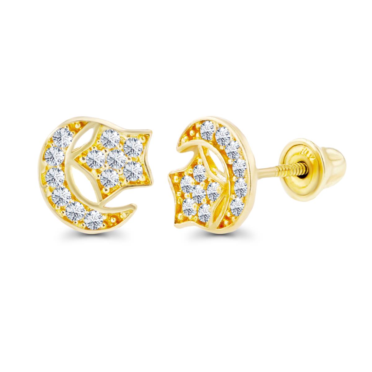 Sterling Silver Yellow 1mm Round Created White Sapphire Moon & Star Screwback Earrings
