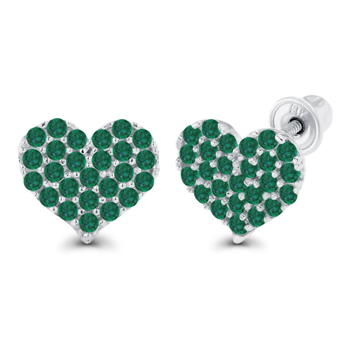 Sterling Silver Rhodium 1mm Round Created Emerald Heart Screwback Earrings