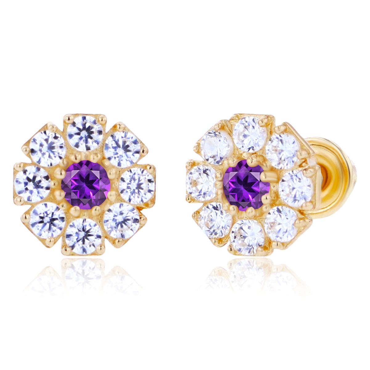 Sterling Silver Yellow 2mm Round Amethyst & 1.5mm Created White Sapphire Flower Screwback Earrings