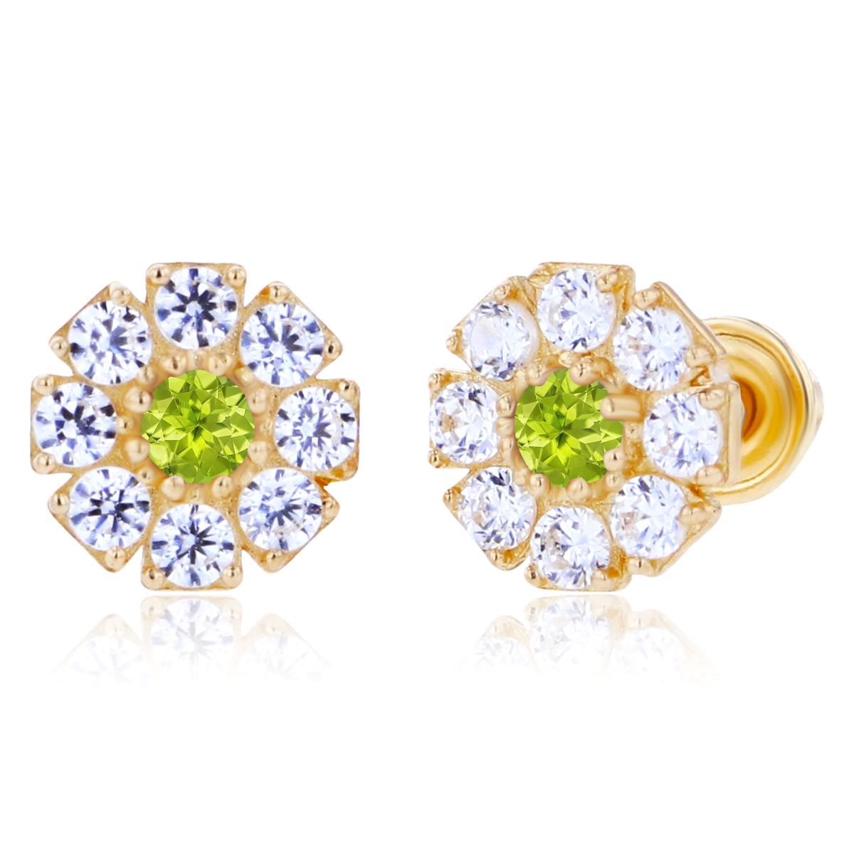 Sterling Silver Yellow 2mm Round Peridot & 1.5mm Created White Sapphire Flower Screwback Earrings