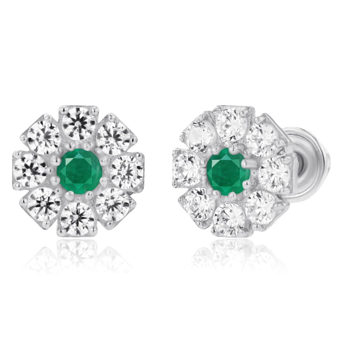 Sterling Silver Rhodium 2mm Round Emerald & 1.5mm Created White Sapphire Flower Screwback Earrings