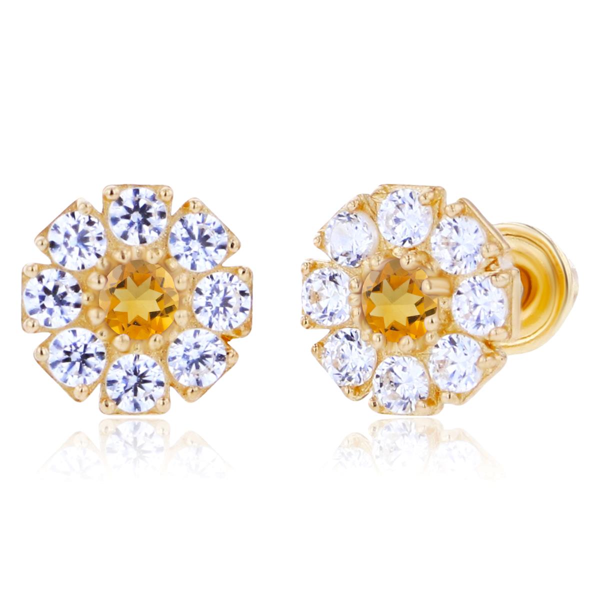 Sterling Silver Yellow 2mm Round Citrine & 1.5mm Created White Sapphire Flower Screwback Earrings