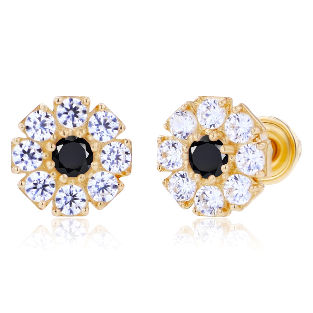 Sterling Silver Yellow 2mm Round Onyx & 1.5mm Created White Sapphire Flower Screwback Earrings