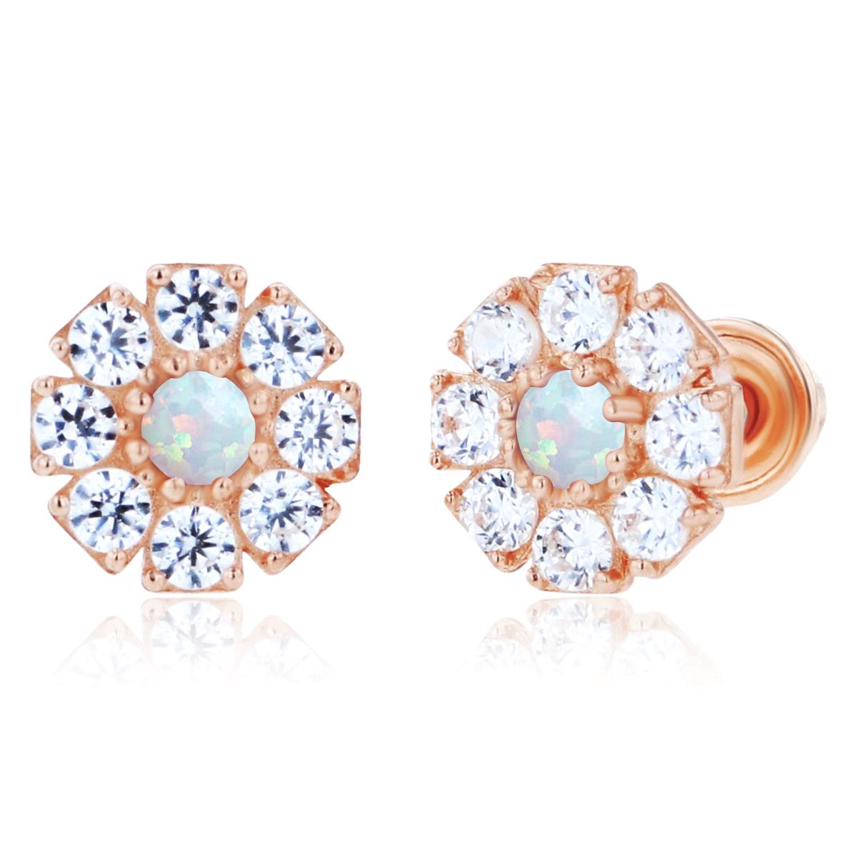 Sterling Silver Rose 2mm Round Created Opal & 1.5mm Created White Sapphire Flower Screwback Earrings