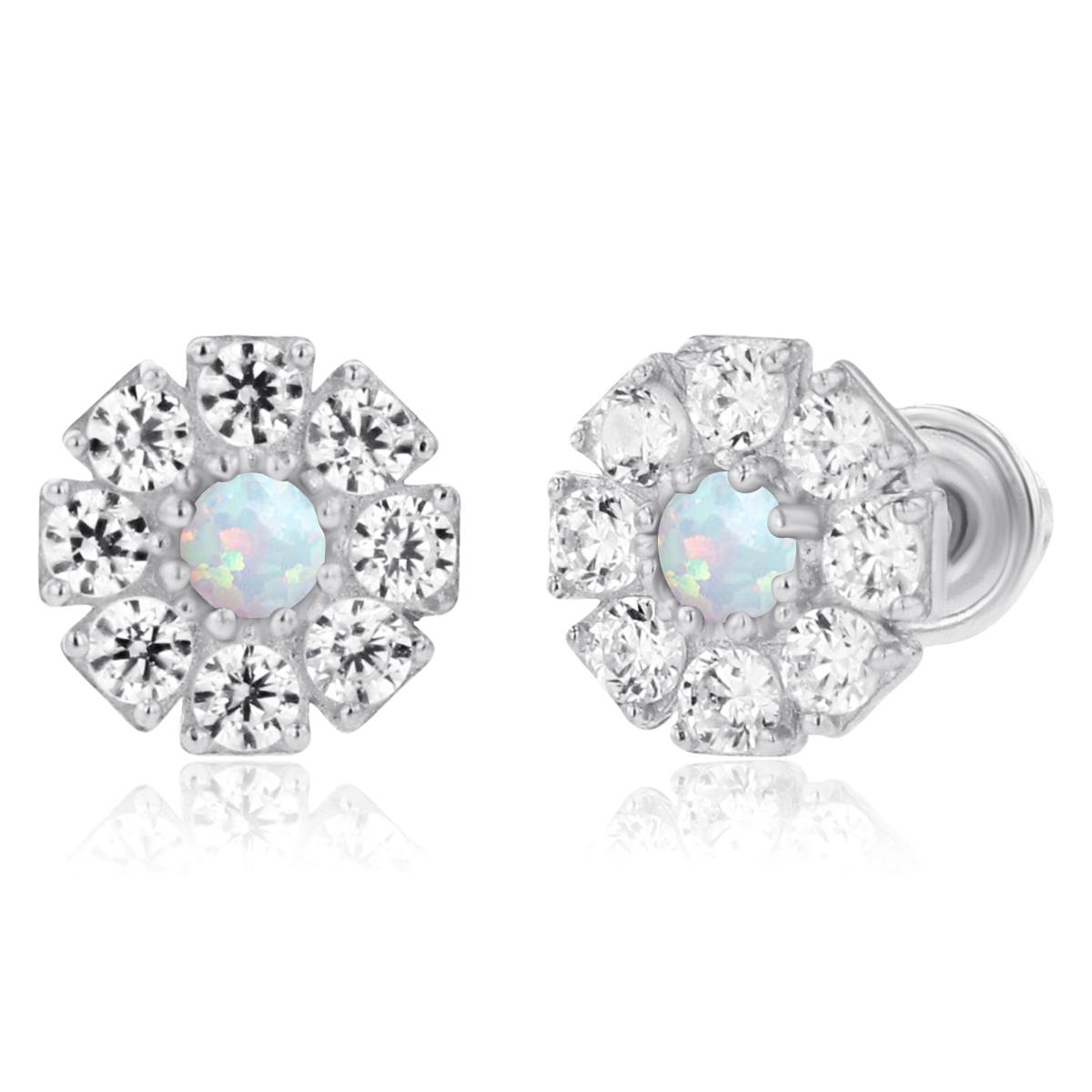 Sterling Silver Rhodium 2mm Round Created Opal & 1.5mm Created White Sapphire Flower Screwback Earrings
