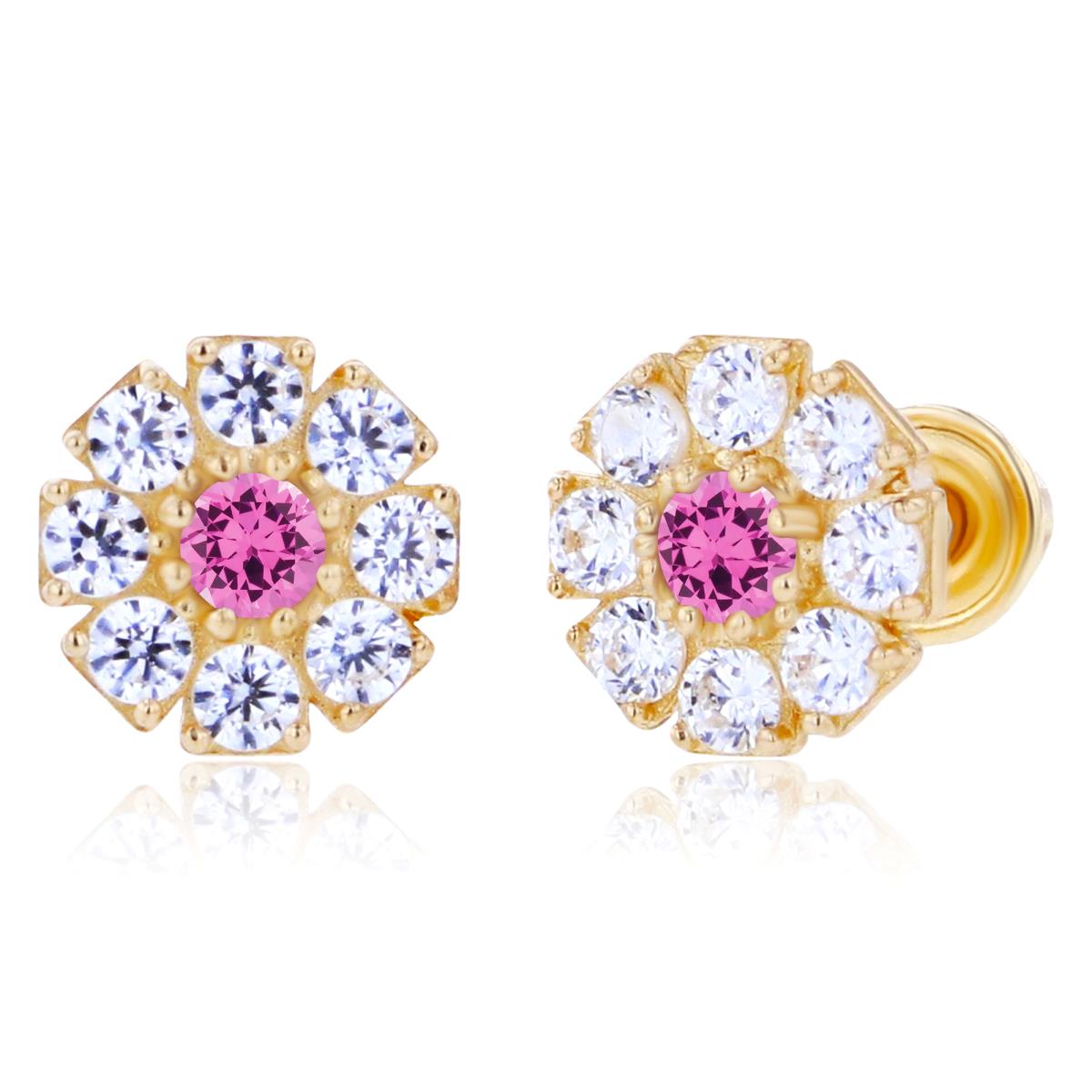 Sterling Silver Yellow 2mm Round Created Pink Sapphire & 1.5mm Created White Sapphire Flower Screwback Earrings