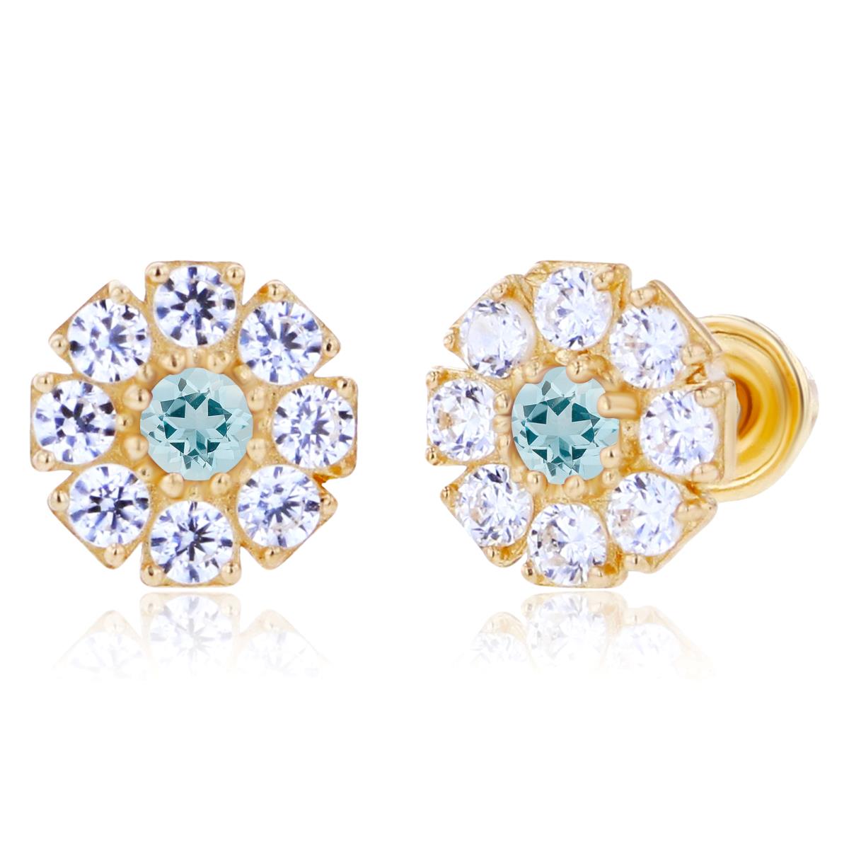 Sterling Silver Yellow 2mm Round Aquamarine & 1.5mm Created White Sapphire Flower Screwback Earrings