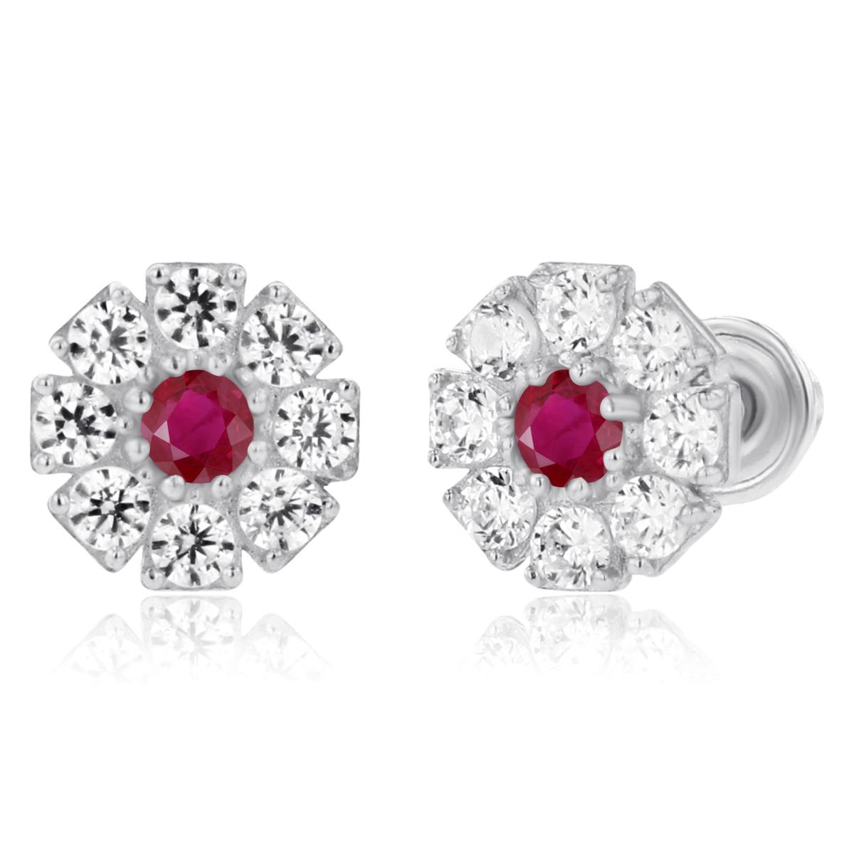 Sterling Silver Rhodium 2mm Round Ruby & 1.5mm Created White Sapphire Flower Screwback Earrings