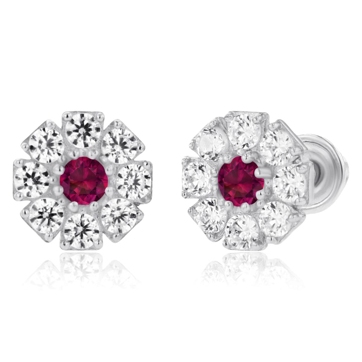 Sterling Silver Rhodium 2mm Round Created Ruby & 1.5mm Created White Sapphire Flower Screwback Earrings