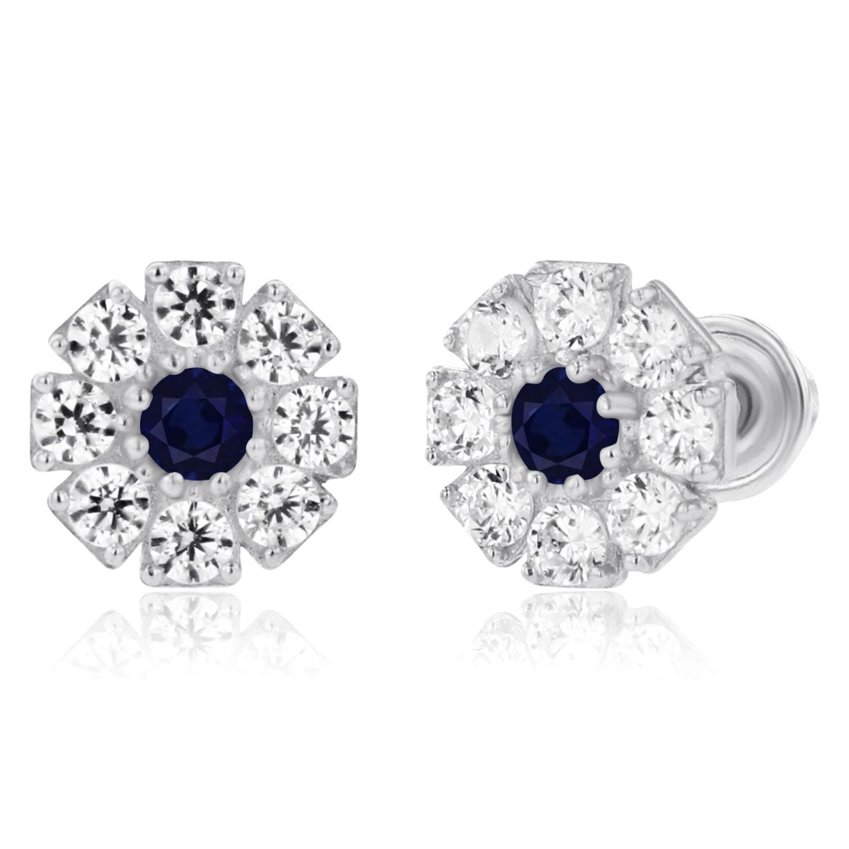 Sterling Silver Rhodium 2mm Round Sapphire & 1.5mm Created White Sapphire Flower Screwback Earrings